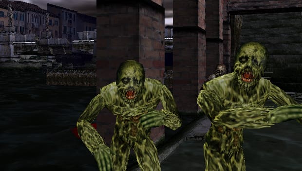 Two green zombies walking forward during The House Of The Dead 2.